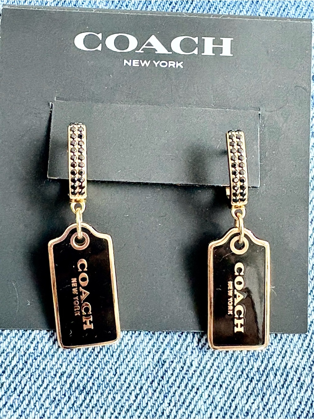 Coach Black and Gold Tag Hoop Earrings NWT